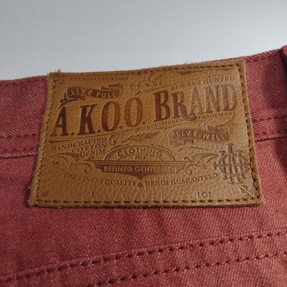 AKOO Mens Red Denim Jeans Straight Leg 36in X 33in Embroidered Pockets - Picture 13 of 14